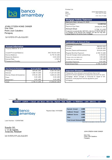 Download Paraguay Banco Amambay bank mortgage statement in Word and PDF formats Photoshop template